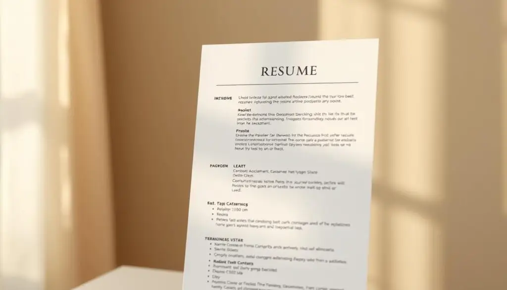 A clean, minimalist one-page resume against a soft, blurred backdrop. The resume is neatly laid out with clear sections, using a modern sans-serif typeface. The resume paper has a subtle texture, lending an air of professionalism. Warm, directional lighting casts gentle shadows, highlighting the resume's elegant simplicity. The overall composition conveys a sense of focus, organization, and attention to detail - qualities that would appeal to a discerning employer reviewing a concise, yet comprehensive curriculum vitae. A clean, minimalist one-page resume against a soft, blurred backdrop. The resume is neatly laid out with clear sections, using a modern sans-serif typeface. The resume paper has a subtle texture, lending an air of professionalism. Warm, directional lighting casts gentle shadows, highlighting the resume's elegant simplicity. The overall composition conveys a sense of focus, organization, and attention to detail - qualities that would appeal to a discerning employer reviewing a concise, yet comprehensive curriculum vitae.