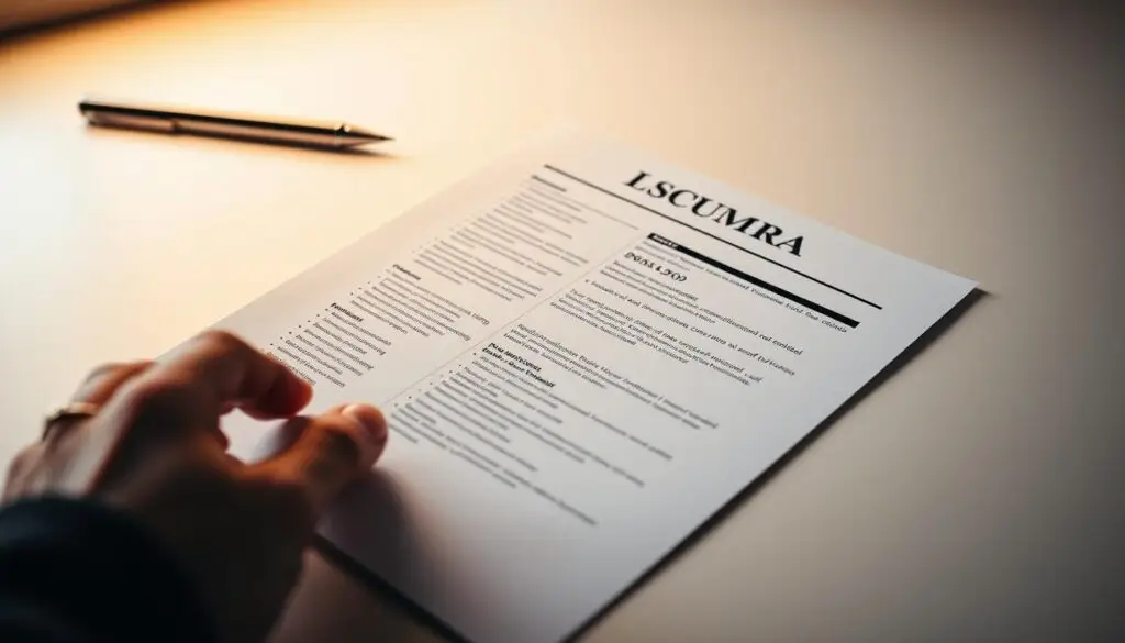 A meticulously organized résumé lies on a minimalist desk, its crisp layout and clean typography accentuated by warm, directional lighting. The paper's surface reflects the clean lines of the workspace, creating a sense of order and professionalism. In the foreground, a hand gently adjusts the document, the gesture conveying the care and attention required to craft an impactful curriculum vitae. The background fades into a soft, muted tone, allowing the résumé to take center stage as the focal point, a testament to the importance of effective formatting and content layout in presenting one's professional qualifications. A meticulously organized résumé lies on a minimalist desk, its crisp layout and clean typography accentuated by warm, directional lighting. The paper's surface reflects the clean lines of the workspace, creating a sense of order and professionalism. In the foreground, a hand gently adjusts the document, the gesture conveying the care and attention required to craft an impactful curriculum vitae. The background fades into a soft, muted tone, allowing the résumé to take center stage as the focal point, a testament to the importance of effective formatting and content layout in presenting one's professional qualifications.