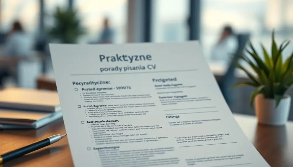 A professional, well-organized CV in a minimalist, clean design, with a prominent title "Praktyczne porady pisania CV" placed centrally. The background is a softly blurred office scene, conveying a sense of a workplace environment. Subtle, warm lighting illuminates the CV document, lending an air of authority and expertise. The composition is balanced, with the CV taking up the majority of the frame, complemented by the muted background details. The overall mood is one of practical, informed guidance on effective CV writing. A professional, well-organized CV in a minimalist, clean design, with a prominent title "Praktyczne porady pisania CV" placed centrally. The background is a softly blurred office scene, conveying a sense of a workplace environment. Subtle, warm lighting illuminates the CV document, lending an air of authority and expertise. The composition is balanced, with the CV taking up the majority of the frame, complemented by the muted background details. The overall mood is one of practical, informed guidance on effective CV writing.