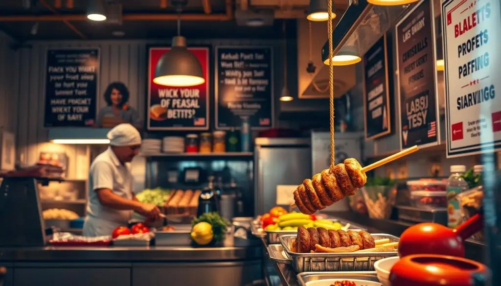 A bustling kebab shop interior, showcasing practical tips to boost earnings in the industry. Warm lighting illuminates the service counter, where a skilled chef prepares a mouth-watering kebab. In the background, an array of fresh ingredients are neatly organized, highlighting the importance of quality. On the walls, carefully placed motivational posters provide guidance on streamlining operations and maximizing profits. The atmosphere exudes a sense of efficiency and entrepreneurial spirit, inviting the viewer to consider innovative strategies for increasing their own kebab business earnings.