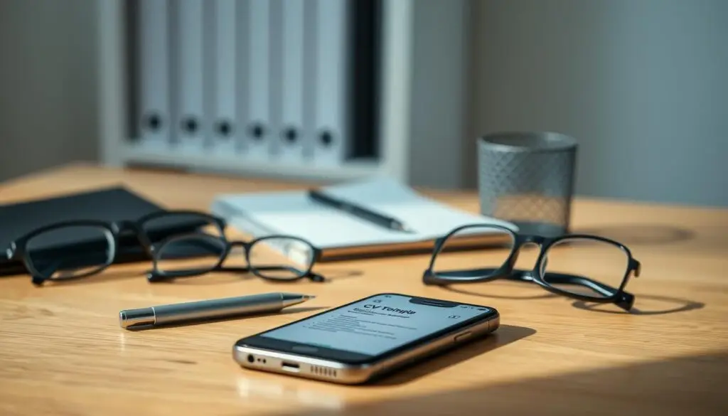 A clean, well-lit desk with a smartphone placed prominently in the foreground. The phone's screen displays a professional-looking CV template, ready to be sent. In the middle ground, office supplies like a pen, notepad, and a pair of reading glasses suggest a focused, organized work environment. The background features a blurred bookshelf or wall, creating a sense of depth and professionalism. Soft, directional lighting casts subtle shadows, enhancing the textures and details of the scene. The overall mood is one of purposeful preparation, with the smartphone serving as the central focus point for the viewer's attention.