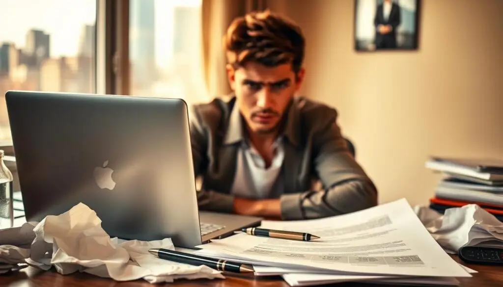 A cluttered desk with a laptop, crumpled papers, a pen, and a frustrated person sitting in front of it. The lighting is warm and natural, creating a cozy yet tense atmosphere. The person's face is slightly obscured, expressing the struggles of sending a CV. In the background, a blurred cityscape suggests the broader context of job-seeking. The composition draws the viewer's eye to the central figure, conveying the common challenges faced when applying for positions online.
