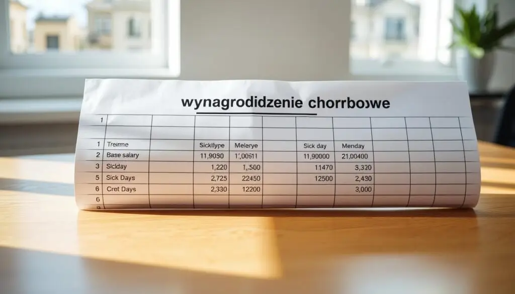A crisp, clean spreadsheet on a wooden desktop, highlighting the key calculations for "wynagrodzenie chorobowe" - the sick pay for an employee. The spreadsheet shows the employee's base salary, the number of sick days, and the resulting sick pay amount. The scene is well-lit, with natural light streaming in from a window, creating soft shadows and a serene, professional atmosphere. The layout is intuitive and easy to understand, with clear labeling and formatting to guide the viewer's eye. The overall impression is one of efficiency, clarity, and attention to detail, perfectly suited to illustrate the "Wynagrodzenie zasadnicze w miesiącu L4 i chorobowe do wypłaty" section of the article.