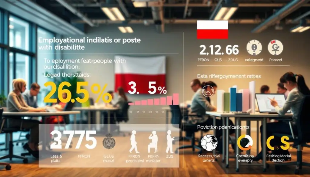 A detailed infographic depicting the employment indicator for people with disabilities in Poland. The foreground shows a group of diverse workers in an office setting, each with a unique physical or cognitive impairment, engaged in various tasks. The middle ground features a clear, easy-to-understand visualization of the employment rate, legal thresholds, and related government organizations like PFRON, GUS, and ZUS. The background showcases the Polish flag and national symbols, conveying the local context. The lighting is warm and inviting, capturing the professionalism and inclusivity of the workplace. The composition emphasizes balance and symmetry, reflecting the key indicators and legal framework.