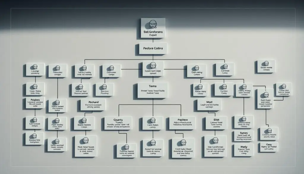 A detailed overhead view of a company's organizational structure, showcasing the micro-level employment hierarchy. Crisp and precise geometric shapes in muted, professional tones represent different departments, teams, and individual roles. Clean lines and a minimalist aesthetic convey a sense of order and efficiency. The composition highlights the intricate web of interconnections and interdependencies that define the company's workforce. Soft, indirect lighting casts subtle shadows, adding depth and emphasizing the structured layout. A technical, analytical mood pervades the scene, mirroring the analytical nature of the subject matter.