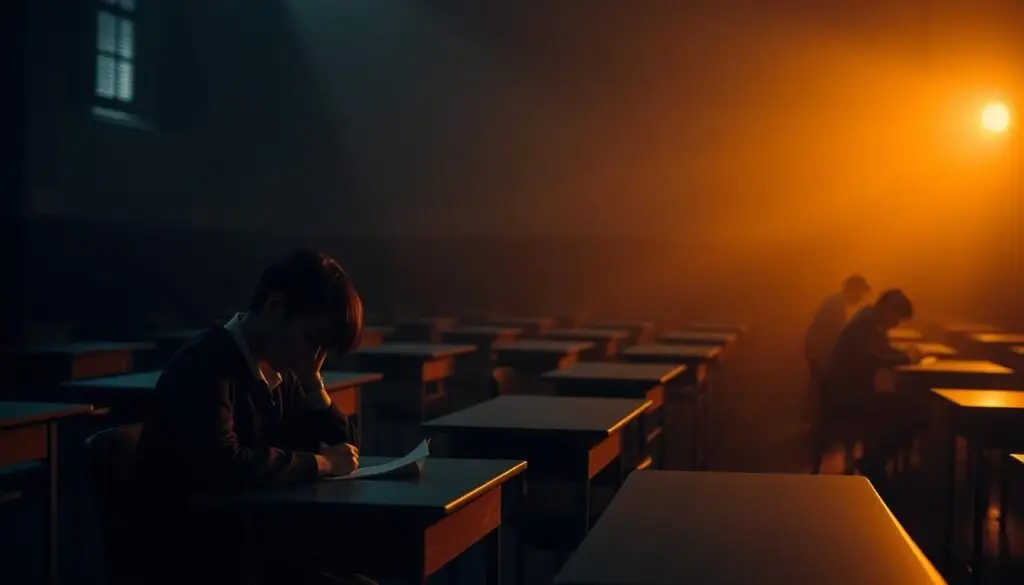 A dimly lit examination hall, with rows of desks and chairs arranged in a formal, orderly manner. The atmosphere is tense and foreboding, the air heavy with the weight of anticipation. In the foreground, a lone student sits at their desk, head bowed, hands fidgeting nervously. The lighting is soft and muted, casting long shadows that lend a sense of isolation and vulnerability. In the background, the room is bathed in a warm, amber glow, with the faint outlines of other students visible, their faces obscured by the distance. The overall mood is one of uncertainty and anxiety, reflecting the gravity of the "egzaminu zawodowego" and the potential consequences of not passing.