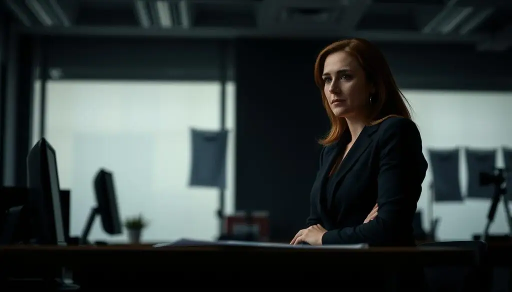 A dimly lit office scene, with a desk in the foreground and a businesswoman standing beside it, her expression pensive. The background is blurred, hinting at the potential consequences of employment decisions. The lighting casts dramatic shadows, adding a sense of gravity to the moment. The overall mood is one of careful contemplation, as the woman considers the challenges and pitfalls of terminating an employee. The scene conveys the weight and responsibility of such a decision, reflecting the complexities of the "Najczęstsze błędy przy zwalnianiu pracownika i jak ich uniknąć" section of the article. A dimly lit office scene, with a desk in the foreground and a businesswoman standing beside it, her expression pensive. The background is blurred, hinting at the potential consequences of employment decisions. The lighting casts dramatic shadows, adding a sense of gravity to the moment. The overall mood is one of careful contemplation, as the woman considers the challenges and pitfalls of terminating an employee. The scene conveys the weight and responsibility of such a decision, reflecting the complexities of the "Najczęstsze błędy przy zwalnianiu pracownika i jak ich uniknąć" section of the article.