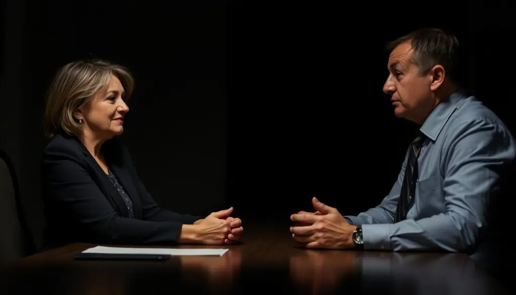 A dimly lit office setting, with a middle-aged man and woman sitting across a desk, engaged in a serious discussion. The woman, representing a labor union representative, leans forward with a concerned expression, while the man, the employer, appears uneasy, his hands clasped on the desk. Muted lighting casts shadows, creating an atmosphere of tension and unease, reflecting the gravity of the consultations regarding the termination of an employment contract. The scene conveys the complex and delicate nature of the situation, where the rights and interests of both parties must be carefully navigated.