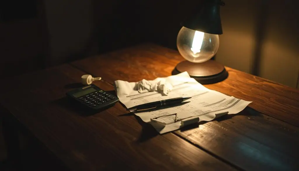 A dimly lit room, the worn surface of a wooden desk illuminated by a single desk lamp, casting a warm glow. On the desk, various exam materials are neatly arranged - a pen, a calculator, and a crumpled examination paper. The paper's creases and stains suggest a recent, arduous endeavor. The room's atmosphere is one of contemplation and introspection, as the viewer is invited to ponder the results and analyze the factors that led to this outcome. The overall scene evokes a sense of the individual's journey, the challenges faced, and the determination to understand and improve for the future.