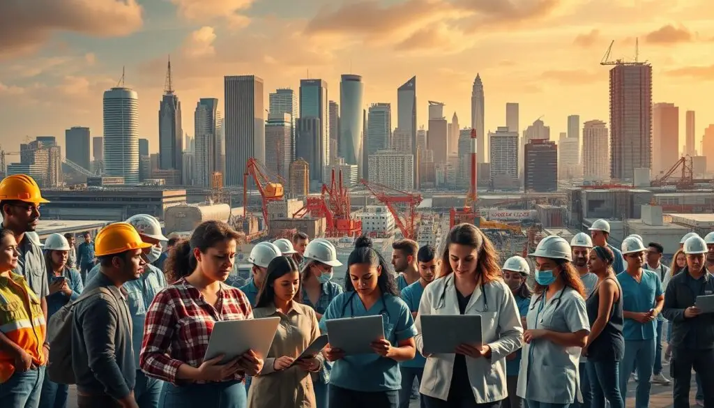 A dynamic and vibrant labor market, bustling with activity. In the foreground, a diverse group of individuals, each representing a different profession - a construction worker in a hard hat, a software engineer typing at a laptop, a healthcare worker in scrubs, and more. In the middle ground, towering office buildings, factories, and training facilities, symbolizing the range of employment opportunities. The background features a cityscape, with skyscrapers and public transportation, conveying the urban setting where this labor market thrives. Warm, golden lighting illuminates the scene, creating an atmosphere of productivity and prosperity. The overall composition captures the essence of a thriving, multifaceted job market, ready to support the needs of a modern, evolving workforce.