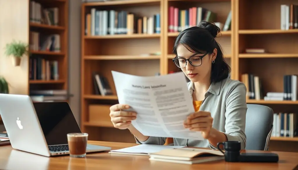 A female teacher sitting at a desk, reviewing legal documents related to maternity leave policies. The office setting is well-lit, with a warm, professional atmosphere. The teacher's expression is pensive, as she carefully examines the paperwork, considering the implications on her career advancement. The desk is neatly organized, with a laptop, a cup of coffee, and a few personal items visible. The background features bookshelves filled with educational resources, conveying the academic environment. The overall scene reflects the complexities and challenges faced by teachers navigating the legal aspects of maternity leave and their professional development.