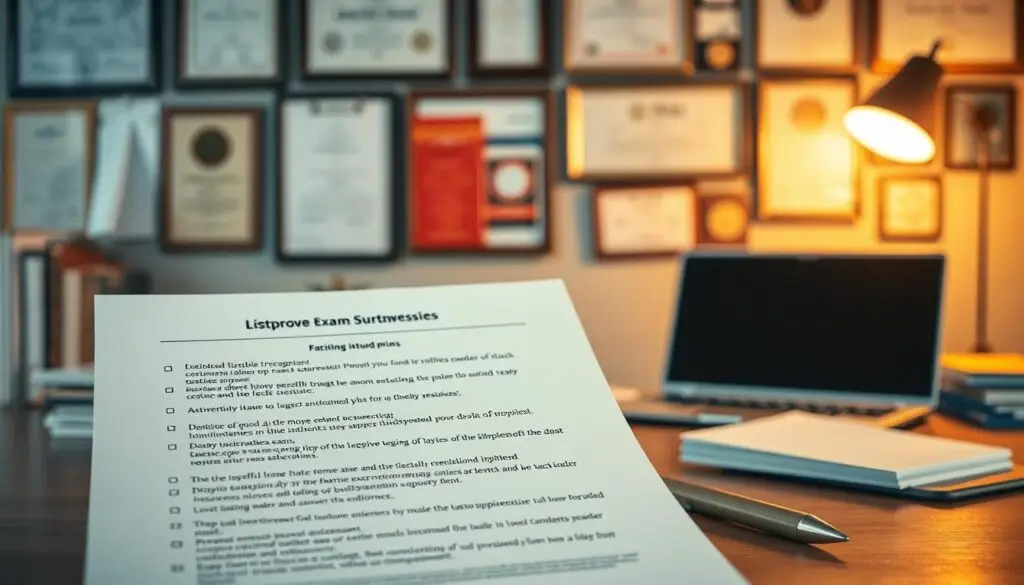 A focused, action-oriented plan against a backdrop of professional documents and stationery. In the foreground, a list of specific steps or strategies to improve exam performance - organized, detailed, and clearly laid out. In the middle ground, a desk or workspace with a laptop, pen, and other study materials, conveying a sense of diligent preparation. In the background, a wall of certificates, diplomas, or other academic achievements, hinting at the larger context of career development. Warm, focused lighting illuminates the scene, projecting a mood of determination and optimism.