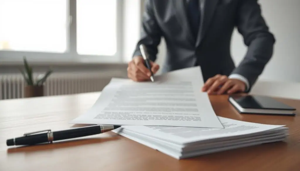 A formal business letter being signed, with a wooden desk, a pen, and a stack of papers in the foreground. The background is a minimalist office setting, with a large window letting in soft, natural lighting. The scene conveys a sense of professionalism and gravity, as the termination of an employment contract is a serious matter. The composition is balanced, with the letter taking up the central focus, and the peripheral elements providing context and visual interest. The overall mood is one of solemn decision-making, with the document representing the conclusion of an important employment relationship.