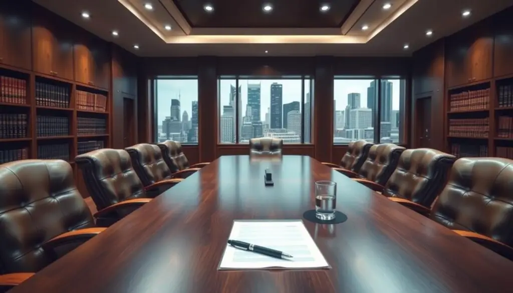 A formal meeting room with a large wooden conference table, surrounded by plush leather chairs. Soft, diffused lighting from recessed ceiling fixtures casts a warm, professional glow. On the table, a stack of documents, a pen, and a glass of water sit neatly arranged, signifying the impending discussion. The walls are lined with shelves of leather-bound books, conveying an atmosphere of authority and expertise. Through the floor-to-ceiling windows, a cityscape of skyscrapers can be seen in the background, adding a sense of urban sophistication. The overall scene exudes an air of serious preparation, poised for a critical professional conversation. A formal meeting room with a large wooden conference table, surrounded by plush leather chairs. Soft, diffused lighting from recessed ceiling fixtures casts a warm, professional glow. On the table, a stack of documents, a pen, and a glass of water sit neatly arranged, signifying the impending discussion. The walls are lined with shelves of leather-bound books, conveying an atmosphere of authority and expertise. Through the floor-to-ceiling windows, a cityscape of skyscrapers can be seen in the background, adding a sense of urban sophistication. The overall scene exudes an air of serious preparation, poised for a critical professional conversation.