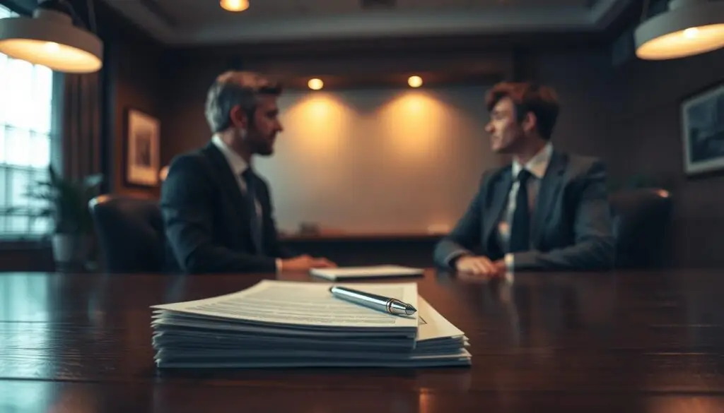 A formal office interior, dimly lit by warm overhead lighting. On a wooden desk, a stack of legal documents and a pen sit in the foreground, signifying the serious nature of the scene. In the middle ground, two figures face each other - an employer in a crisp suit, and an employee in business attire, their expressions somber as they discuss the termination of employment. The background is hazy, emphasizing the gravity of the situation, with a sense of finality and professionalism pervading the atmosphere.