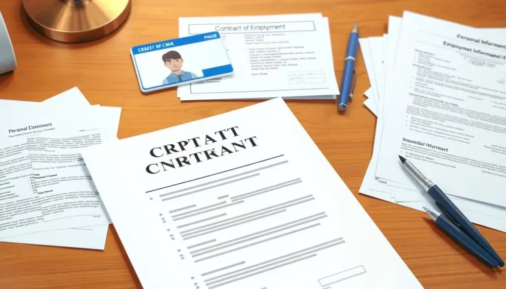 A high-resolution, detailed digital illustration of various personal and employment-related documents, including a contract of employment, payslip, ID card, and other official forms. The scene is set on a wooden desk with a warm, soft lighting, creating a professional and organized atmosphere. The documents are neatly arranged, emphasizing the importance of having the correct personal information for an employment contract. The composition draws the viewer's attention to the key elements, making it clear and informative for the article's purpose.