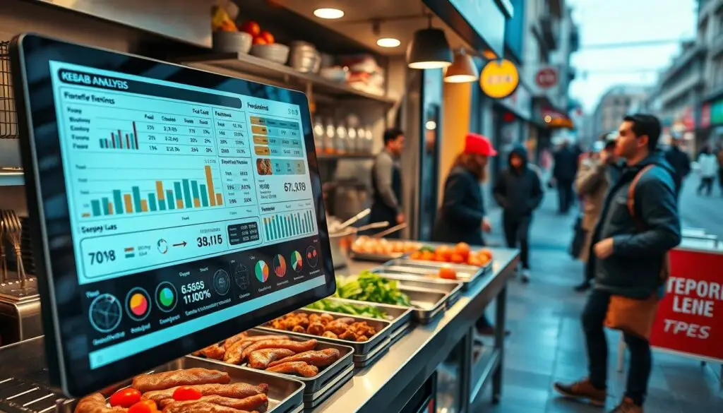 A meticulously detailed financial analysis of a kebab shop, presented in a modern, data-driven style. In the foreground, a sleek touchscreen display shows a comprehensive breakdown of revenues, expenses, and profit margins, with interactive charts and graphs. The middle ground features a well-stocked kitchen, complete with sizzling meats, freshly chopped vegetables, and efficient workflows. In the background, a bustling urban street scene provides context, with passersby eagerly awaiting their orders. The lighting is crisp and professional, capturing the precise, analytical nature of the scene. The overall mood conveys a sense of strategic planning and business acumen, essential for the successful operation of a thriving kebab enterprise.