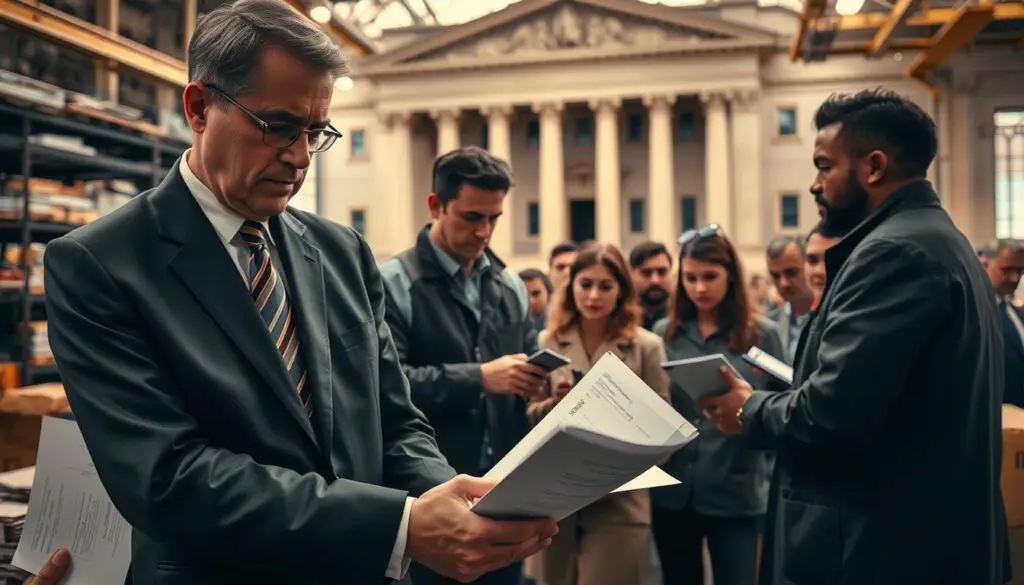 A meticulously detailed scene of a government labor inspection, captured through the lens of a reportage-style photographer. In the foreground, an official in a crisp suit examines documents, their brow furrowed with concentration. Behind them, a team of inspectors canvass the workplace, scrutinizing employee records and verifying compliance. The middle ground features a group of worried-looking workers, their expressions reflecting the tension of the situation. In the background, the imposing facade of a government building looms, casting an authoritative shadow over the proceedings. Warm, directional lighting illuminates the scene, creating a sense of high-stakes drama. The composition is balanced, leading the viewer's eye through the layers of activity. An image that conveys the gravity and importance of employment regulation enforcement.