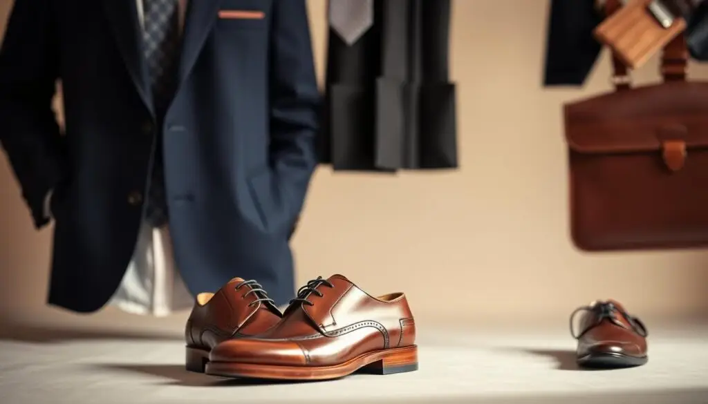 A meticulously styled interview outfit, featuring a tailored navy blue blazer, a crisp white button-down shirt, and a pair of sleek black trousers. In the foreground, a pair of polished leather oxfords in a deep chestnut hue, complementing the ensemble perfectly. Accessorized with a timeless leather briefcase, a silk tie in a subtle pattern, and a minimalist wristwatch, creating a polished, professional, and confident appearance. Soft, warm lighting illuminates the scene, casting a gentle glow and highlighting the attention to detail. The background is a neutral, blurred backdrop, allowing the carefully curated elements to take center stage. A meticulously styled interview outfit, featuring a tailored navy blue blazer, a crisp white button-down shirt, and a pair of sleek black trousers. In the foreground, a pair of polished leather oxfords in a deep chestnut hue, complementing the ensemble perfectly. Accessorized with a timeless leather briefcase, a silk tie in a subtle pattern, and a minimalist wristwatch, creating a polished, professional, and confident appearance. Soft, warm lighting illuminates the scene, casting a gentle glow and highlighting the attention to detail. The background is a neutral, blurred backdrop, allowing the carefully curated elements to take center stage.