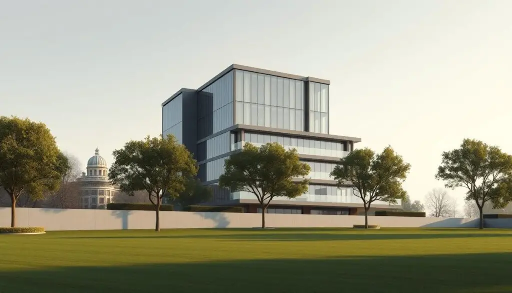 A modern, minimalist architectural illustration depicting a stately residential building with a sleek, contemporary design. The structure stands tall against a muted, softly lit sky, its clean lines and glass facade reflecting the surrounding environment. In the foreground, a well-manicured lawn and carefully placed trees create a sense of tranquility, while the building's imposing yet elegant presence commands attention. The overall mood is one of sophistication and understated wealth, evoking the idea of a "rezydencja podatkowa" - a high-end, tax-advantaged property. Subtle details, such as the building's orientation and landscaping, contribute to an atmosphere of exclusivity and privacy befitting the subject matter.