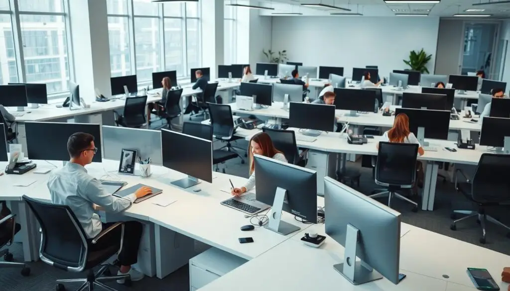 A modern office workspace with multiple desks, chairs, and computers arranged in a grid-like layout. The scene is well-lit, with soft, diffuse natural light flooding in through large windows along the walls. The desks are neatly organized, with pens, notepads, and other office supplies carefully placed. Employees are seated at their workstations, focused on their tasks, creating a sense of productivity and efficiency. The background features clean, minimalist decor, with subtle hints of corporate branding or design elements. The overall atmosphere is professional, organized, and conducive to effective workplace operations.