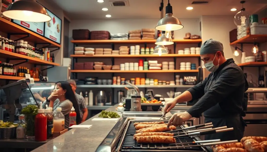 A modern, well-lit kebab shop interior, with a focus on the cash register area and counter. The counter is lined with a variety of fresh ingredients, sauces, and condiments, showcasing the variety of options available. In the foreground, a kebab chef is preparing an order, their hands deftly working the grill. The background features shelves stocked with supplies and equipment, hinting at the behind-the-scenes operations. The lighting is warm and inviting, creating a cozy atmosphere. The camera angle is slightly elevated, providing a comprehensive view of the workspace. The overall scene conveys the hustle and bustle of a thriving kebab business, capturing the realistic earnings potential for employees.
