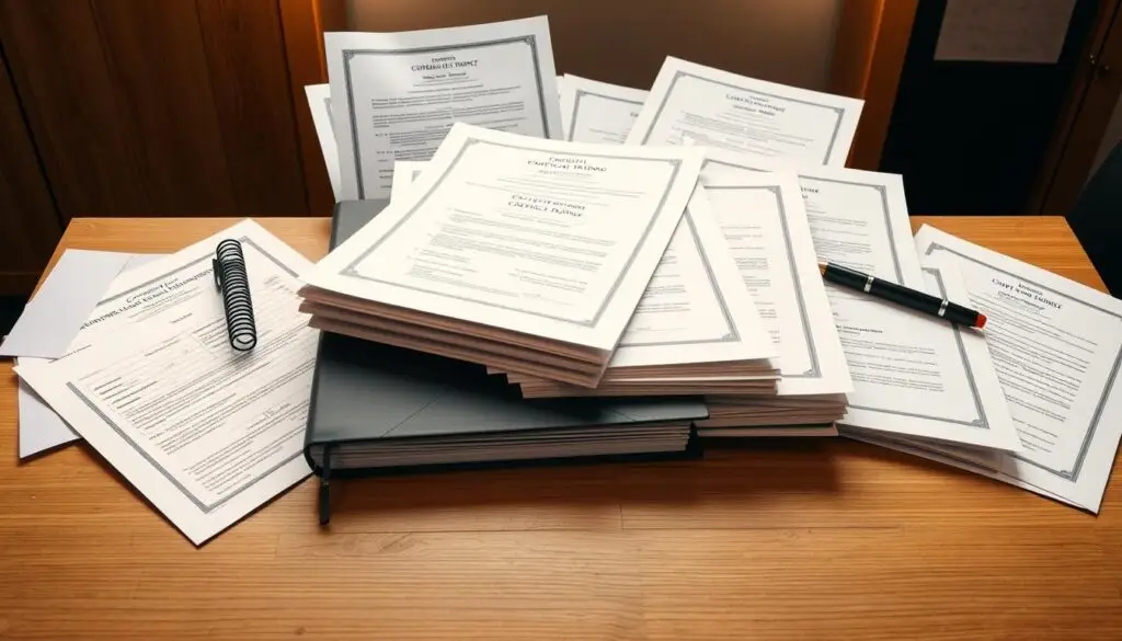 A neatly organized collection of formal documents, including certificates, contracts, and logbooks, resting on a clean, wooden desk. The documents are backlit by warm, soft lighting, creating a professional and authoritative atmosphere. The camera angle is slightly elevated, providing a clear, unobstructed view of the workspace. The overall composition conveys a sense of order, organization, and the importance of properly documenting the practical training experience.