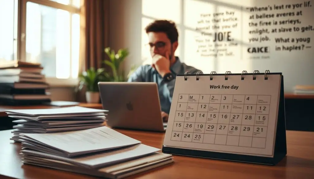 A peaceful office setting with a worker sitting at a desk, deep in thought. Warm, natural lighting filters through the windows, casting a soft glow on the surroundings. In the foreground, a stack of papers and a laptop symbolize the individual's search for employment. The mid-ground features an open calendar, highlighting a designated "work-free day" - a time for the person to focus on their job hunt. The background showcases a wall adorned with inspirational quotes, reflecting the worker's determination and resilience. The overall atmosphere conveys a sense of contemplation and the opportunity for personal growth during this transitional period.