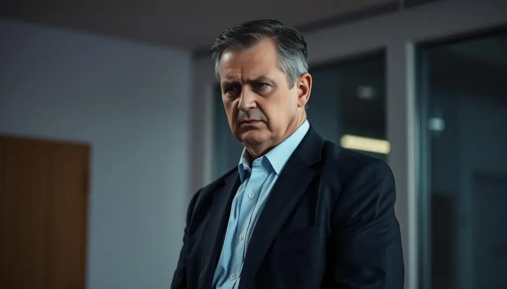 A pensive middle-aged man in a suit, his brow furrowed with concern, stands in a dimly lit office. Soft lighting casts subtle shadows, highlighting his thoughtful expression. The background is blurred, drawing the viewer's attention to the emotional weight he carries. His posture conveys a sense of responsibility and the desire to handle a difficult situation with care and empathy. The atmosphere is one of quiet introspection, as he prepares to have a sensitive conversation with an employee. A pensive middle-aged man in a suit, his brow furrowed with concern, stands in a dimly lit office. Soft lighting casts subtle shadows, highlighting his thoughtful expression. The background is blurred, drawing the viewer's attention to the emotional weight he carries. His posture conveys a sense of responsibility and the desire to handle a difficult situation with care and empathy. The atmosphere is one of quiet introspection, as he prepares to have a sensitive conversation with an employee.