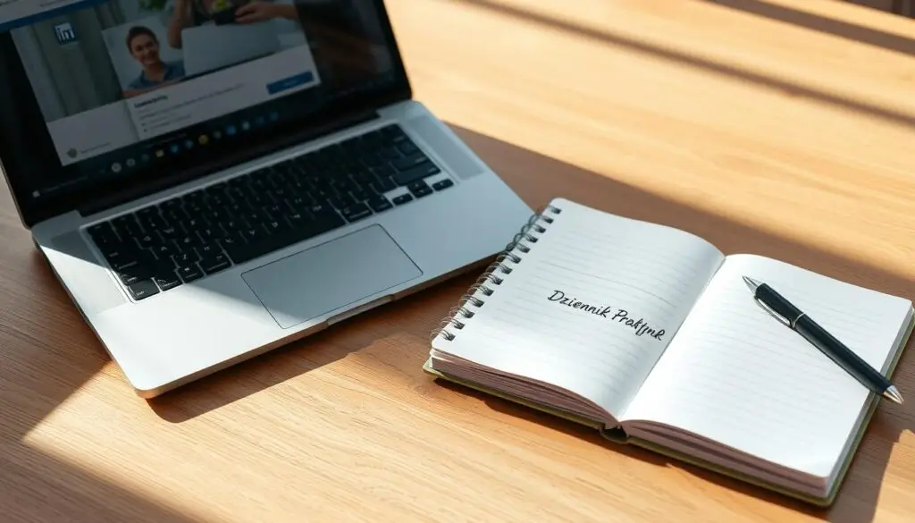 A professional desktop workspace with a laptop, a notebook, and a pen neatly arranged on a wooden table. The laptop screen displays a LinkedIn profile, while an open notebook showcases a meticulously written "Dziennik Praktyk" (Internship Journal). The lighting is soft and natural, creating a warm, productive atmosphere. The composition is balanced, with the internship journal as the focal point, emphasizing its importance in the context of a professional career.