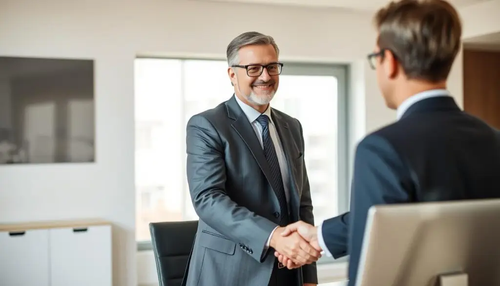 A professional-looking adult man, wearing a business suit and tie, is standing in front of a desk, shaking hands with another man, also in a suit, who appears to be his employer. The scene is set in a modern, well-lit office space, with clean lines and minimalist decor. The lighting is soft and natural, creating a warm, welcoming atmosphere. The men's expressions convey a sense of mutual respect and understanding, suggesting a positive, cordial interaction between a returning employee and his former employer.