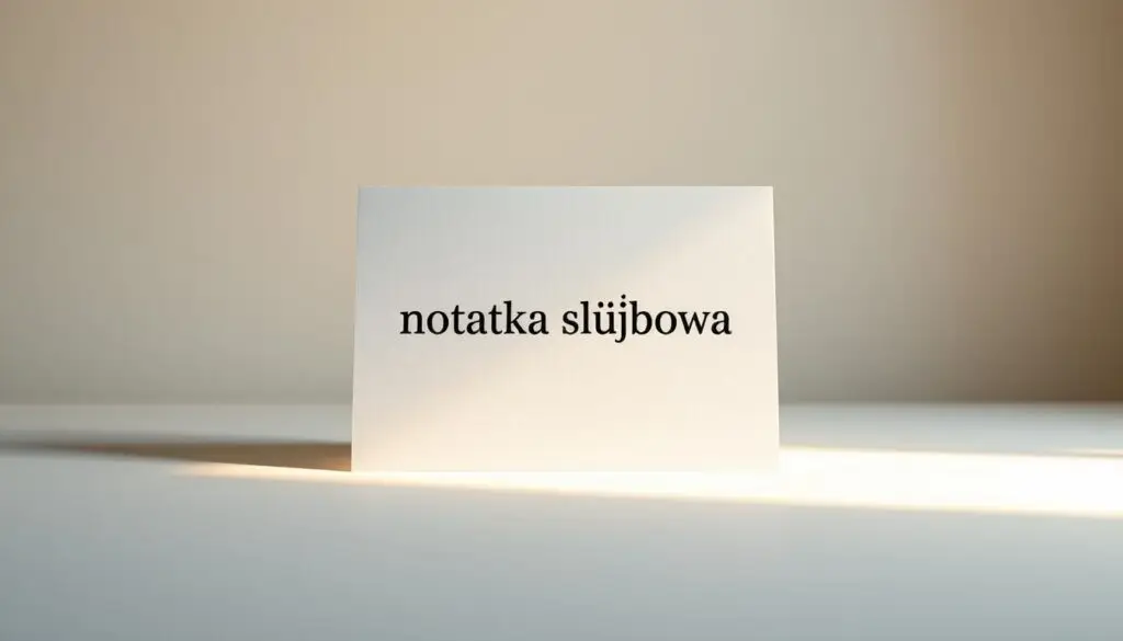 A professional-looking business document titled "notatka służbowa" against a clean, minimalist backdrop. The document is positioned centrally, with a subtle drop shadow to create depth. The paper texture is slightly off-white, adding a sense of authenticity. Warm, indirect lighting illuminates the document, conveying a sense of importance and formality. The composition is balanced, with ample negative space surrounding the main subject. The overall mood is one of administrative efficiency and attention to detail.