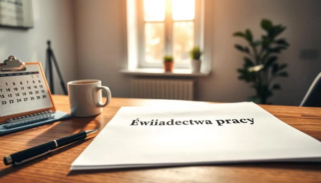 A professional, neatly organized document titled "świadectwa pracy" resting on a wooden desk, with a pen, a calendar, and a mug of coffee in the foreground. The document is illuminated by warm, natural light filtering through a window in the middle ground, casting subtle shadows. The background is a minimalist, modern office space with neutral tones and clean lines, creating a sense of order and professionalism. The overall atmosphere conveys the importance of employment documentation and attention to detail in the workplace.