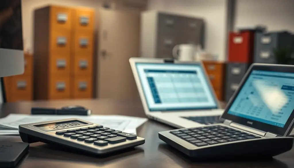 A professional office setting, with a desktop computer, calculator, and documents related to employee sick leave and compensation. The foreground features a calculator displaying a numerical calculation, with crisp lighting illuminating the desktop items. The middle ground shows an open laptop displaying a spreadsheet or payroll software, while the background has filing cabinets and other office furniture, conveying a sense of orderly organization. The overall mood is one of focused productivity, with a subtle hint of the complexities involved in properly calculating employee sick leave compensation.