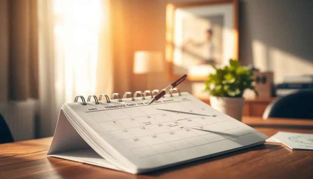 A serene, sun-dappled office scene, with a calendar prominently displayed on a wooden desk. The calendar pages gently flutter, marking the passage of time as the employment termination period begins. The focal point is a pen poised over the calendar, about to make a significant mark, signifying the start of the notice period. Soft, warm lighting casts a contemplative mood, while a potted plant and framed artwork in the background add a sense of professionalism and tranquility. The overall composition emphasizes the importance of accurately tracking the employment termination timeline to avoid costly mistakes.