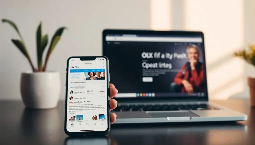 A side-by-side comparison of the OLX mobile app and website, showcasing their distinct interfaces and features. In the foreground, the app is displayed on a sleek, modern smartphone, its clean UI and intuitive layout highlighted. In the middle ground, the website is presented on a laptop screen, its desktop-optimized design offering a more comprehensive browsing experience. The background features a minimalist, neutral-toned setting, allowing the technological elements to take center stage. Warm, natural lighting accentuates the clean lines and user-friendly aesthetics of both platforms, inviting the viewer to explore the contrasting yet complementary ways to access the OLX marketplace.