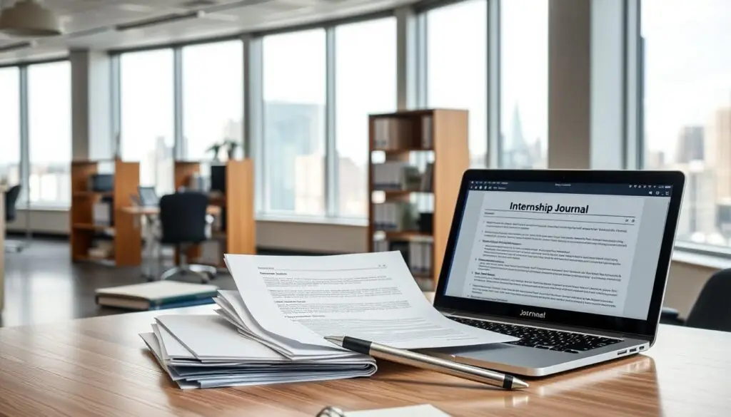 A spacious, well-lit office interior, with a neatly organized desk and a laptop displaying a partially filled-in internship journal. In the foreground, a stack of documents and a pen sit next to the laptop, representing common mistakes in internship journal entries, such as incomplete or missing information. The middle ground features a bookshelf with reference materials, suggesting the importance of following proper guidelines. The background shows a large window overlooking a bustling cityscape, adding a sense of professionalism and the broader context of the internship experience. The overall mood is one of diligence, attention to detail, and the desire to avoid common pitfalls in maintaining an effective internship journal.