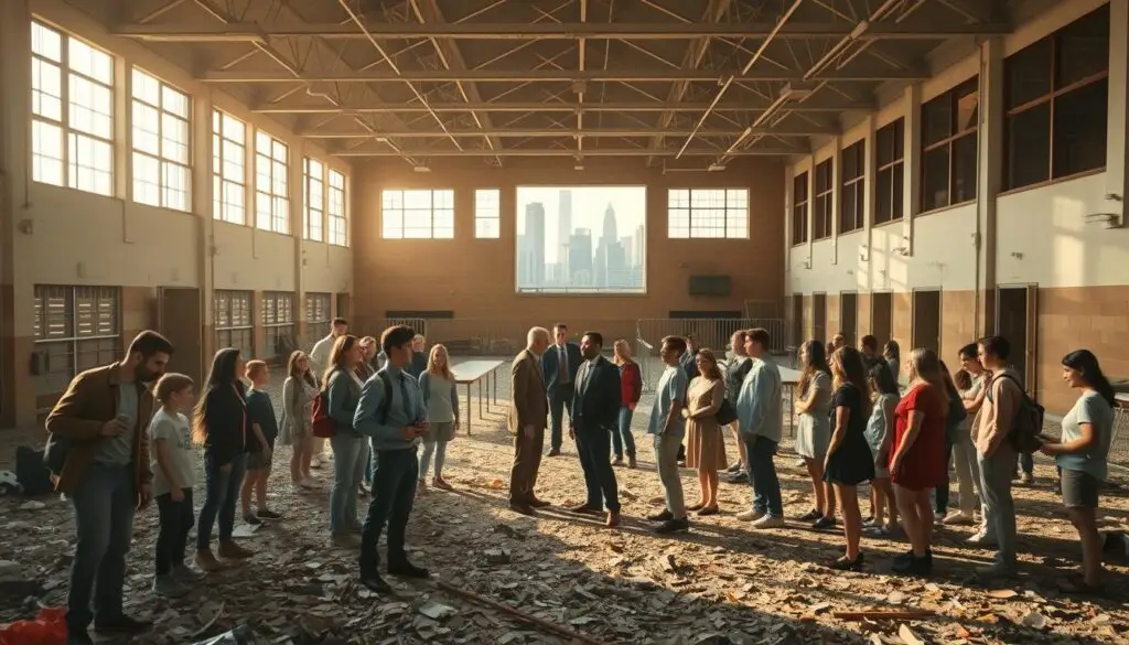 A sprawling school campus, its once-vibrant halls now silent. In the foreground, a group of students – some celebratory, others pensive – stand amidst the debris of the former gymnasium. Warm afternoon light filters through the windows, casting a bittersweet glow. In the middle ground, administrators and faculty confer, their expressions a mix of relief and uncertainty. The background reveals the city skyline, a symbol of progress and change. Capture the essence of this pivotal moment in educational reform – the balance of gains and losses, the end of an era, and the uncertain future that lies ahead.