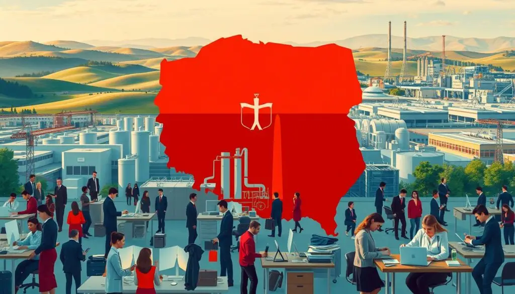 A vibrant portrait of Poland's employment structure, showcasing its diverse workforce and evolving labor landscape. In the foreground, a bustling office scene depicts professionals of various backgrounds engaged in their daily tasks, representing the country's dynamic service sector. The middle ground features factories and industrial facilities, symbolizing the manufacturing core of the Polish economy. In the background, rolling hills and modern infrastructure allude to the nation's rural-urban balance and technological advancements. Warm lighting casts a sense of productivity and progress, while subtle hues of blue and green convey a tone of stability and growth. The overall composition aims to encapsulate the nuanced, multifaceted nature of employment in contemporary Poland.