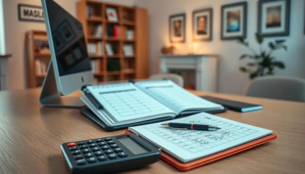 A well-lit office interior, with a modern desk and computer setup in the foreground. On the desk, a calculator, a pen, and a notebook open to display hand-written calculations. In the middle ground, a calendar and a folder with documents. The background features a bookshelf and some framed artwork on the walls, conveying a professional, yet cozy atmosphere. The lighting is warm and subtle, creating a sense of focus and productivity. The overall scene should visually represent the process of calculating employment figures and workforce metrics.