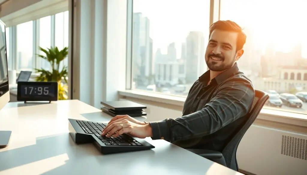 A well-lit office interior, with a modern desk and ergonomic chair. The worker's hand hovers over a keyboard, while a digital clock on the desk displays the time. The background features a large window overlooking a bustling city skyline, bathed in the warm glow of the afternoon sun. The worker's expression is one of focused concentration, reflecting the diligent nature of their contract-based employment. The atmosphere conveys a sense of professionalism and productivity, capturing the essence of "czasu pracy" (working time) in a dynamic urban setting.