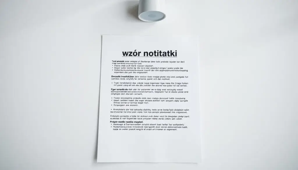 A well-organized, neatly formatted office document, a "wzór notatki" (model note) against a plain, lightly textured background. The note is presented in a clean, professional layout, with clear section headings, bullet points, and ample white space. The tone is serious yet approachable, reflecting the subject matter of an effective business memo. Soft, natural lighting from an overhead source casts subtle shadows, giving depth and dimension to the scene. The camera angle is slightly low, creating a sense of authority and importance. The overall mood is one of efficiency, clarity, and attention to detail.