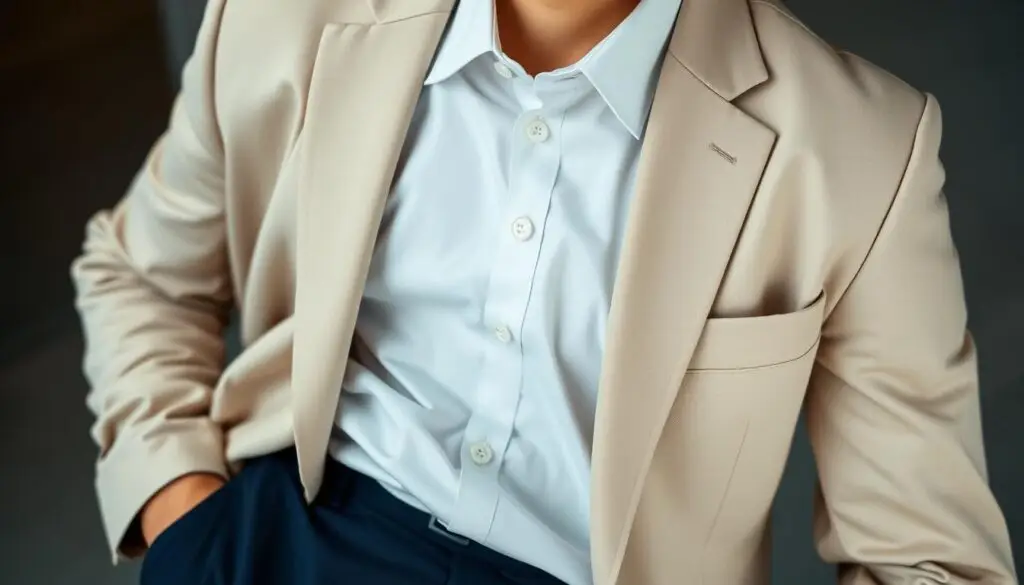 A well-tailored button-up shirt, neatly pressed and in a neutral tone, sits atop a classic beige or navy blue blazer. The outfit is finished with a pair of sharp, dark slacks, creating a polished, professional look suitable for a job interview. The lighting is soft and diffused, accentuating the refined textures and subtle details of the garments. The camera angle is slightly elevated, providing a clean, uncluttered view of the upper body attire, ready to impress and inspire confidence in the wearer. A well-tailored button-up shirt, neatly pressed and in a neutral tone, sits atop a classic beige or navy blue blazer. The outfit is finished with a pair of sharp, dark slacks, creating a polished, professional look suitable for a job interview. The lighting is soft and diffused, accentuating the refined textures and subtle details of the garments. The camera angle is slightly elevated, providing a clean, uncluttered view of the upper body attire, ready to impress and inspire confidence in the wearer.
