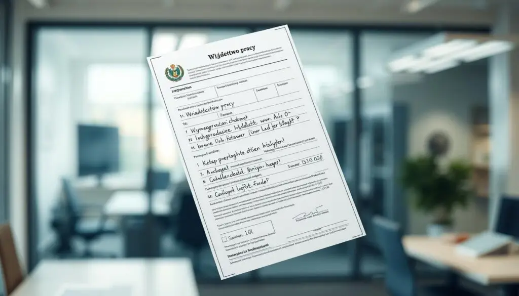 A workplace document floating against a blurred office backdrop, illuminated by soft, natural lighting. The document appears to be a "świadectwo pracy" (employment certificate), with carefully handwritten entries detailing "wynagrodzenie chorobowe" (sick pay) information. The certificate's layout and design convey a sense of official, government-issued formality. The overall atmosphere is one of professionalism and attention to detail, reflecting the importance of this employment record.