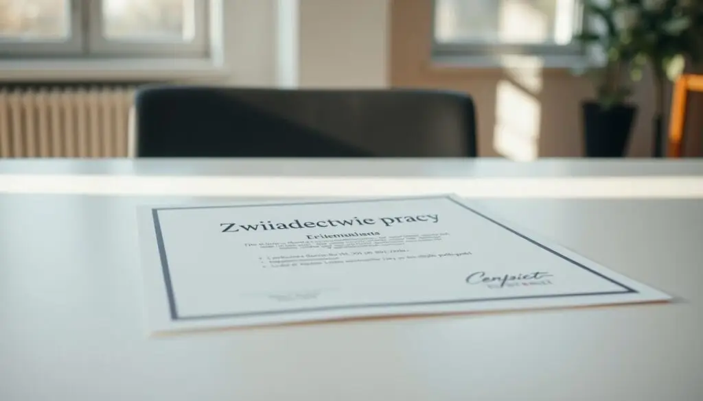 An official certificate of employment, the "świadectwie pracy" lies on a clean, minimalist desk. The document is centered, with its crisp white surface contrasted by the warm, muted tones of the surrounding environment. Natural light filters in, casting a soft, even glow that accentuates the document's formal appearance. The background is blurred, hinting at a professional office setting, allowing the certificate to take center stage. The composition is balanced, with the certificate occupying a significant portion of the frame, conveying its importance. The overall mood is one of professionalism and attention to detail, befitting the subject matter.