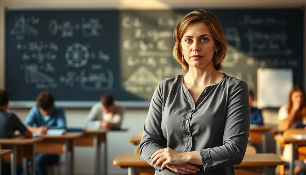 Classroom setting with a female teacher standing in the foreground, hands resting on a desk. Warm, natural lighting illuminates her face and surroundings. Behind her, a blackboard with mathematical equations and diagrams. In the background, blurred figures of students sitting at desks, creating a sense of an active learning environment. The teacher's expression is thoughtful, contemplative, as if considering the impact of maternity leave on her career progression. The overall mood is one of professional contemplation, with an underlying sense of ambiguity and uncertainty.