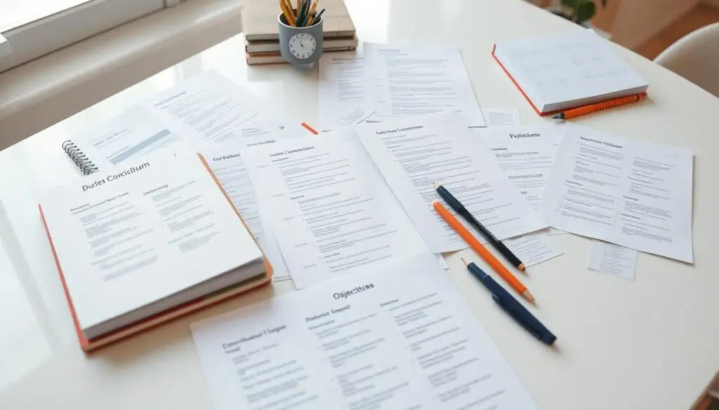 Detailed curriculum program, with various subjects and learning objectives laid out in an organized, structured manner. Textbooks, notebooks, and educational materials scattered across a clean, contemporary desk. Soft, natural lighting illuminates the scene, creating a calm, focused atmosphere. The composition emphasizes the academic nature of the subject, with a balanced, minimalist aesthetic that allows the curriculum content to take center stage. No distracting elements, just a clear, informative visualization of the educational program.