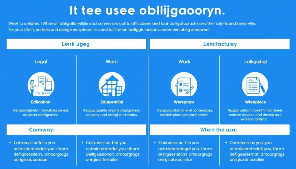 Grafika podsumowująca użycie słowa obligatoryjnie w różnych kontekstach, ilustrująca obligatoryjnie co to znaczy Grafika podsumowująca użycie słowa obligatoryjnie w różnych kontekstach, ilustrująca obligatoryjnie co to znaczy