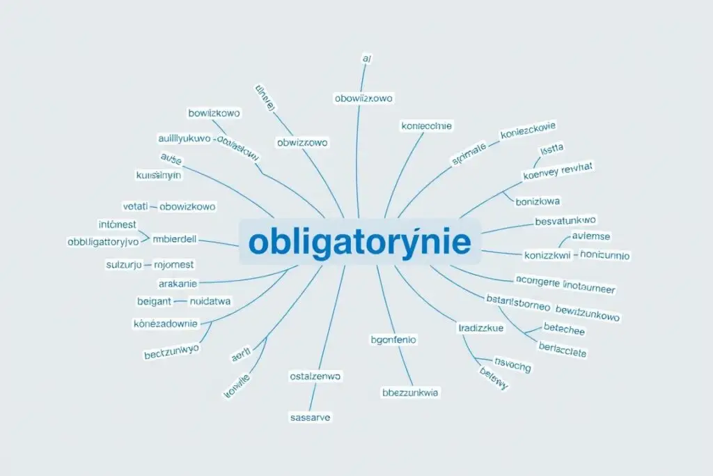 Mapa myśli przedstawiająca synonimy słowa obligatoryjnie, wizualizująca alternatywne określenia dla obligatoryjnie co to znaczy Mapa myśli przedstawiająca synonimy słowa obligatoryjnie, wizualizująca alternatywne określenia dla obligatoryjnie co to znaczy
