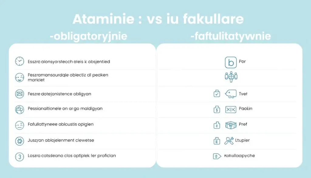 Porównanie terminów obligatoryjnie i fakultatywnie, ilustrujące różnice w znaczeniu obligatoryjnie co to znaczy Porównanie terminów obligatoryjnie i fakultatywnie, ilustrujące różnice w znaczeniu obligatoryjnie co to znaczy